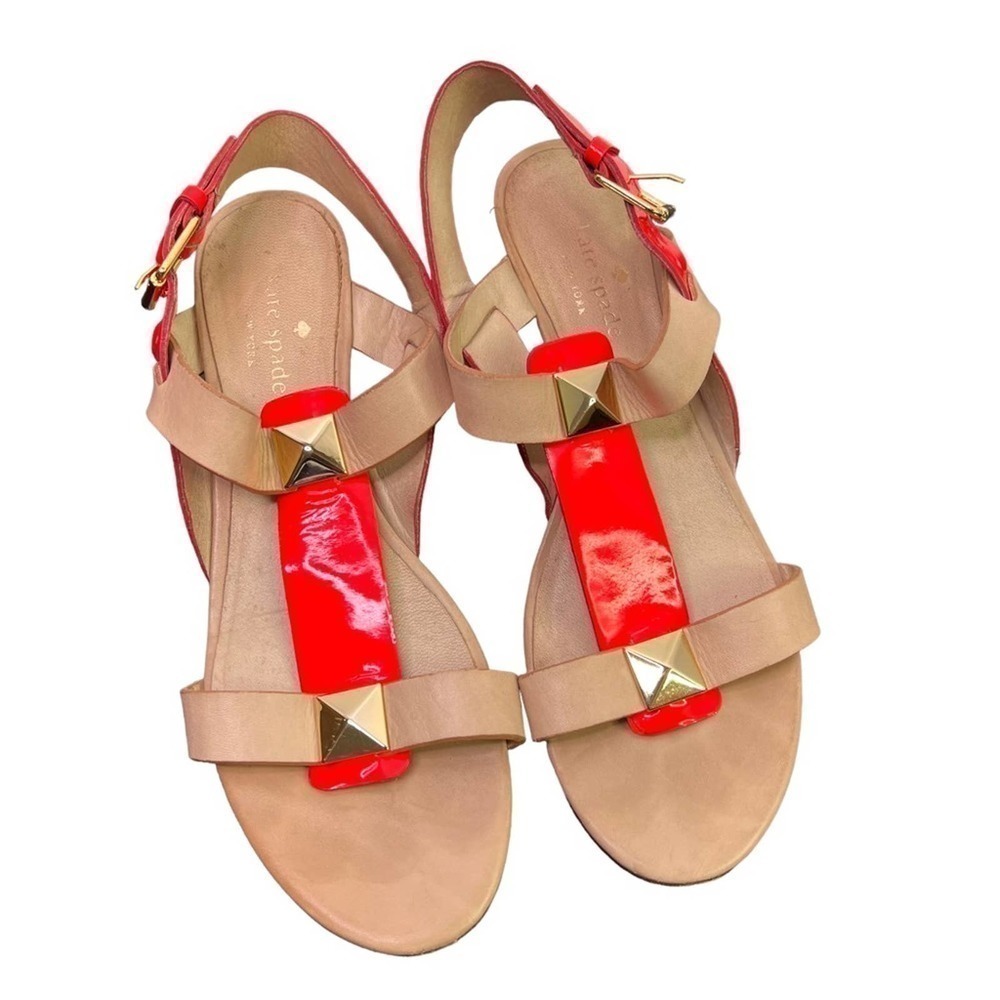 KATE Spade New York Sandals Neon Orange Patent Leather Gold Studs Size 8